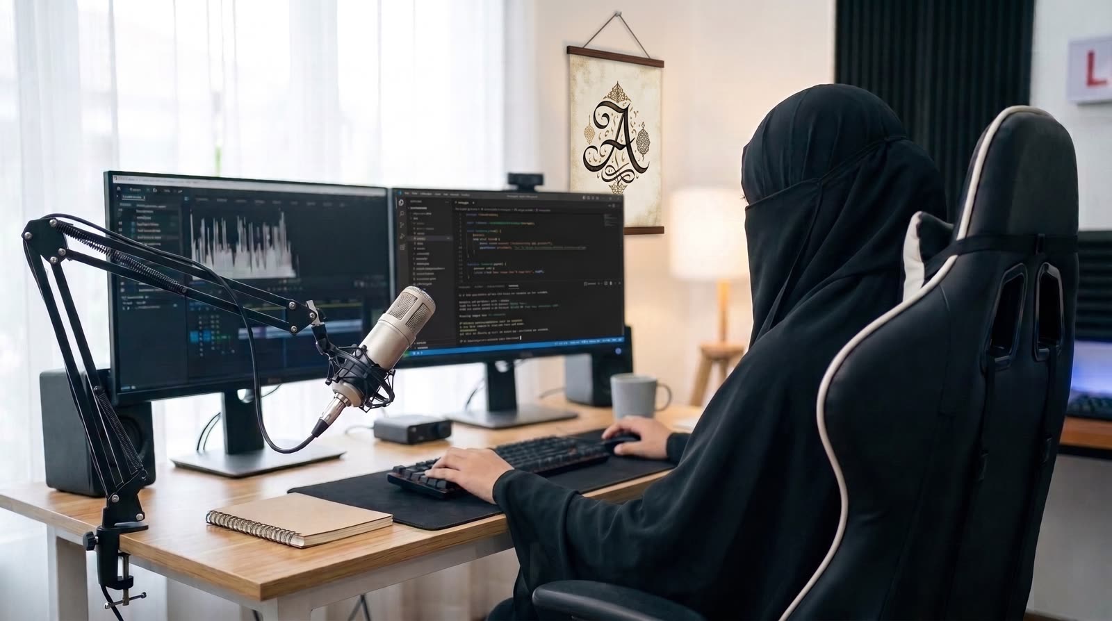 Lesha duduk di meja belajar dengan dua monitor, sedang mengedit video dan menulis kode.